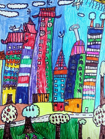卡通城市水彩画