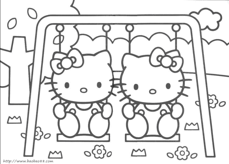 可爱卡通动漫简笔画秋千上的kitty姐妹简笔画_ 可爱卡通动漫简笔画
