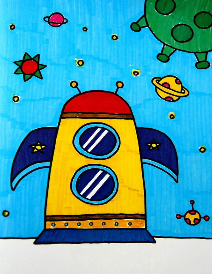 儿童水彩画图片大全:火箭飞船